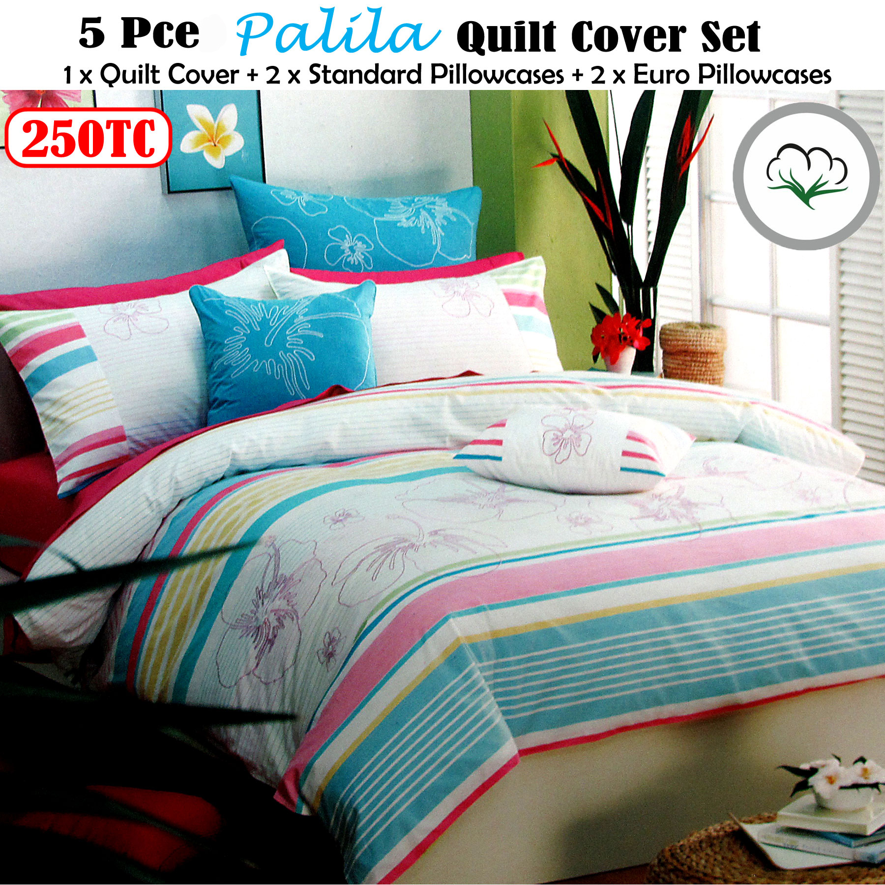 5 Pce 250tc Yarn Dyed Palila Aqua Quilt Cover Set 2 Eurocases Queen Ebay