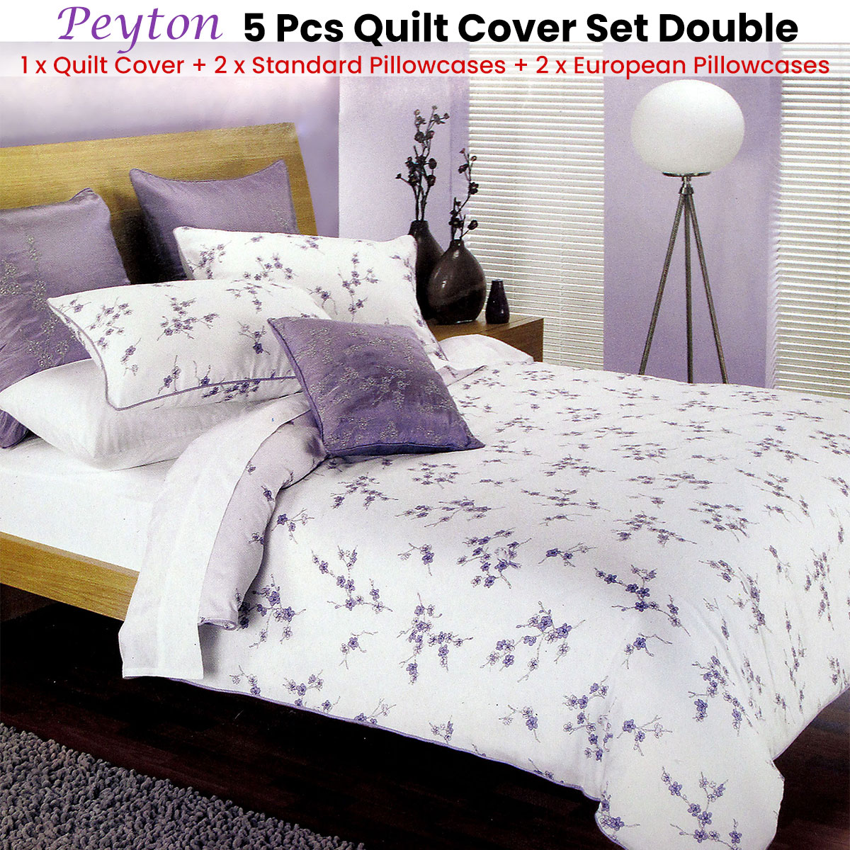 5 Pce Peyton Blossom Easy Care Quilt Cover Set + 2 European Pillowcases Double