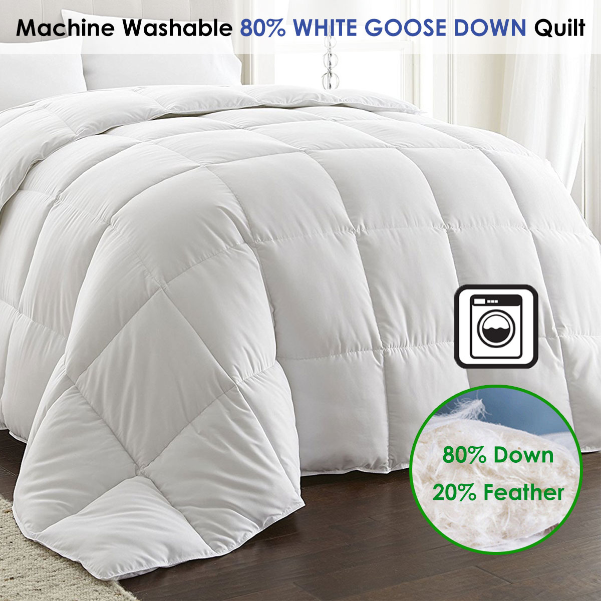 Machine Washable 80% WHITE GOOSE DOWN 20% Feather Quilt