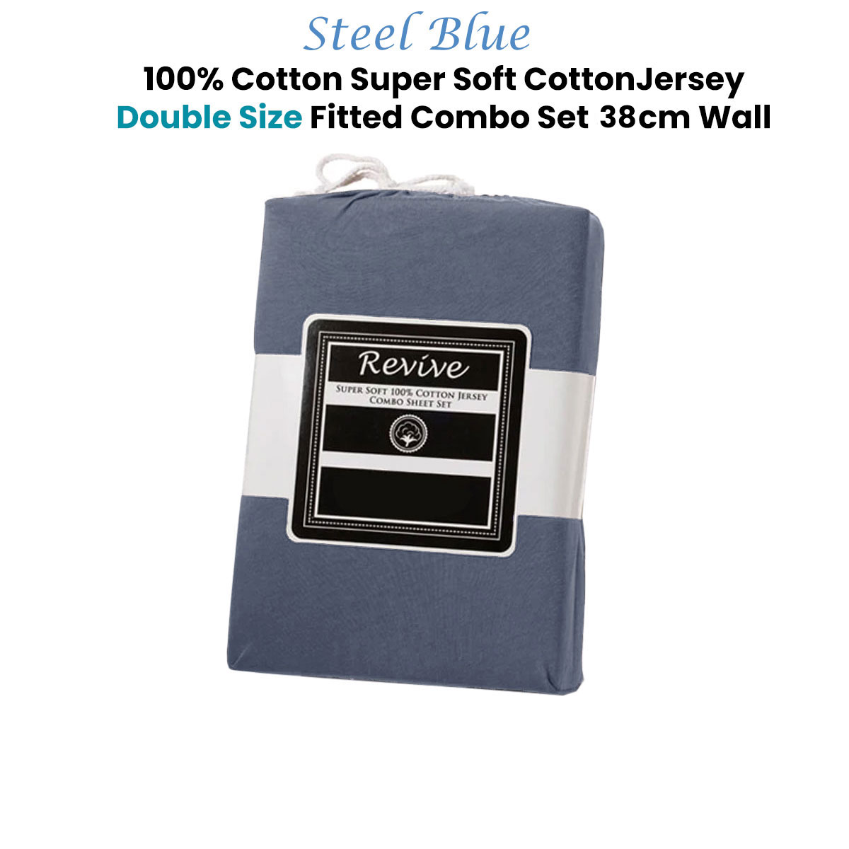 Steel Blue 100% Cotton Jersey Super Soft Fitted Sheet Combo Set Double 38cm Wall