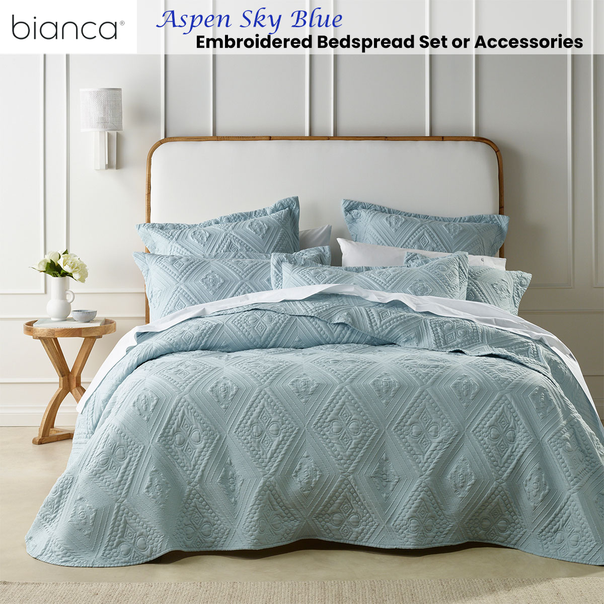 Aspen Sky Blue Embroidered Bedspread Set or Accessories by Bianca