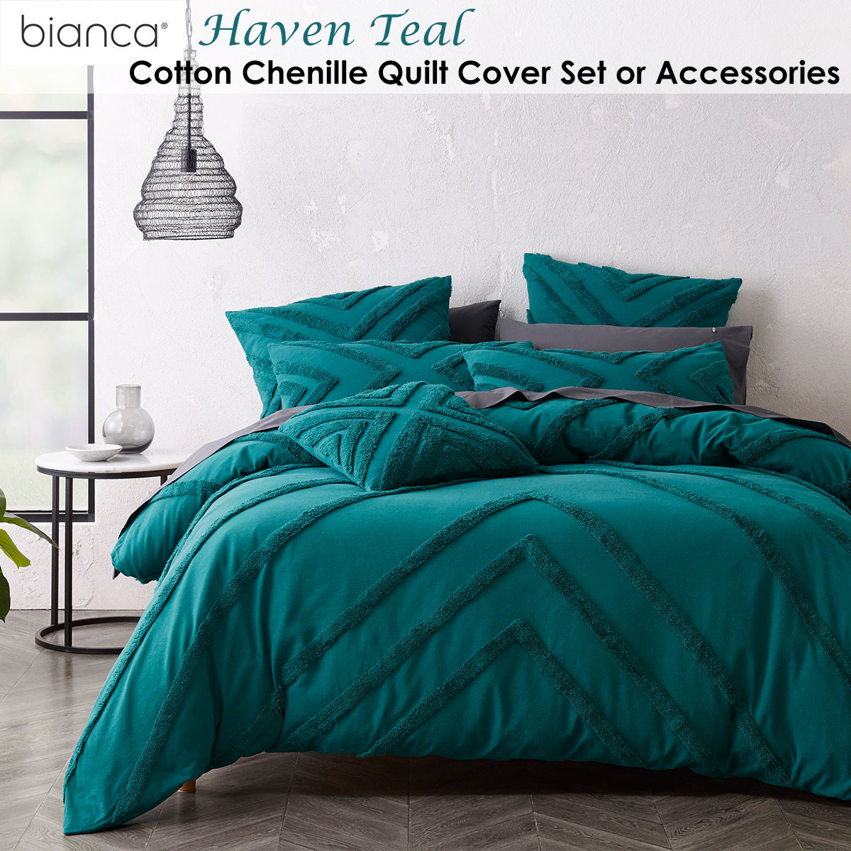 Haven Teal Cotton Chenille Quilt Cover Set or Accessories by Bianca