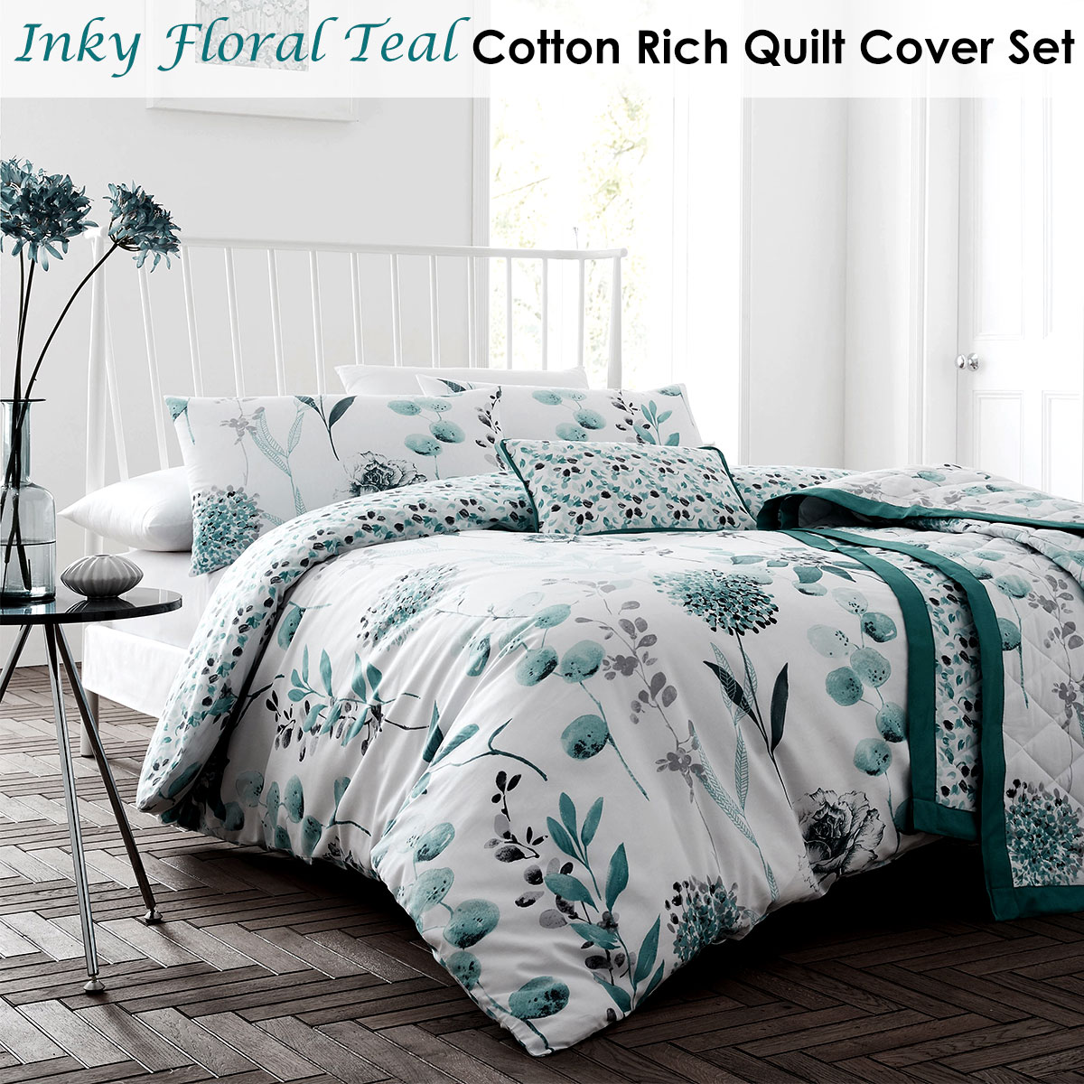 Ink Floral Teal Cotton Rich Quilt Cover Set