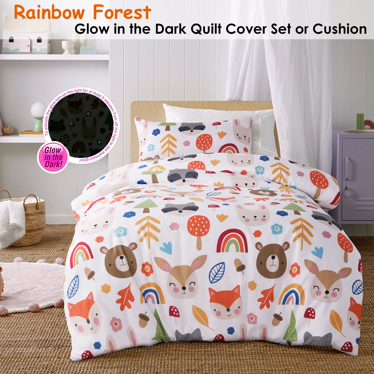 Rainbow Forest Glow in the Dark Quilt Cover Set or Square Cushion by Happy Kids