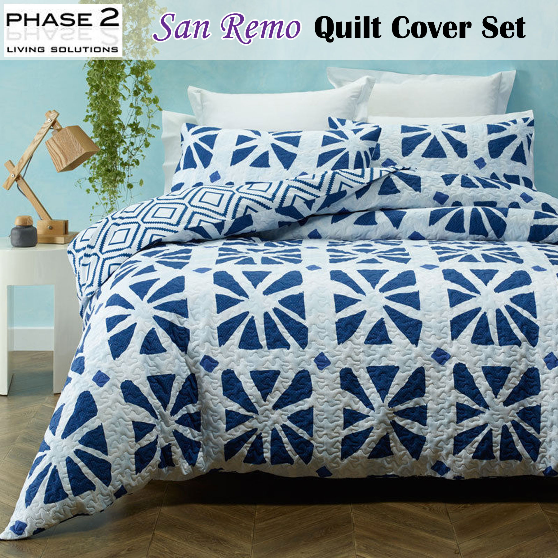 3 Pce San Remo Blue Quilted Duvet Doona Quilt Cover Set By Phase 2