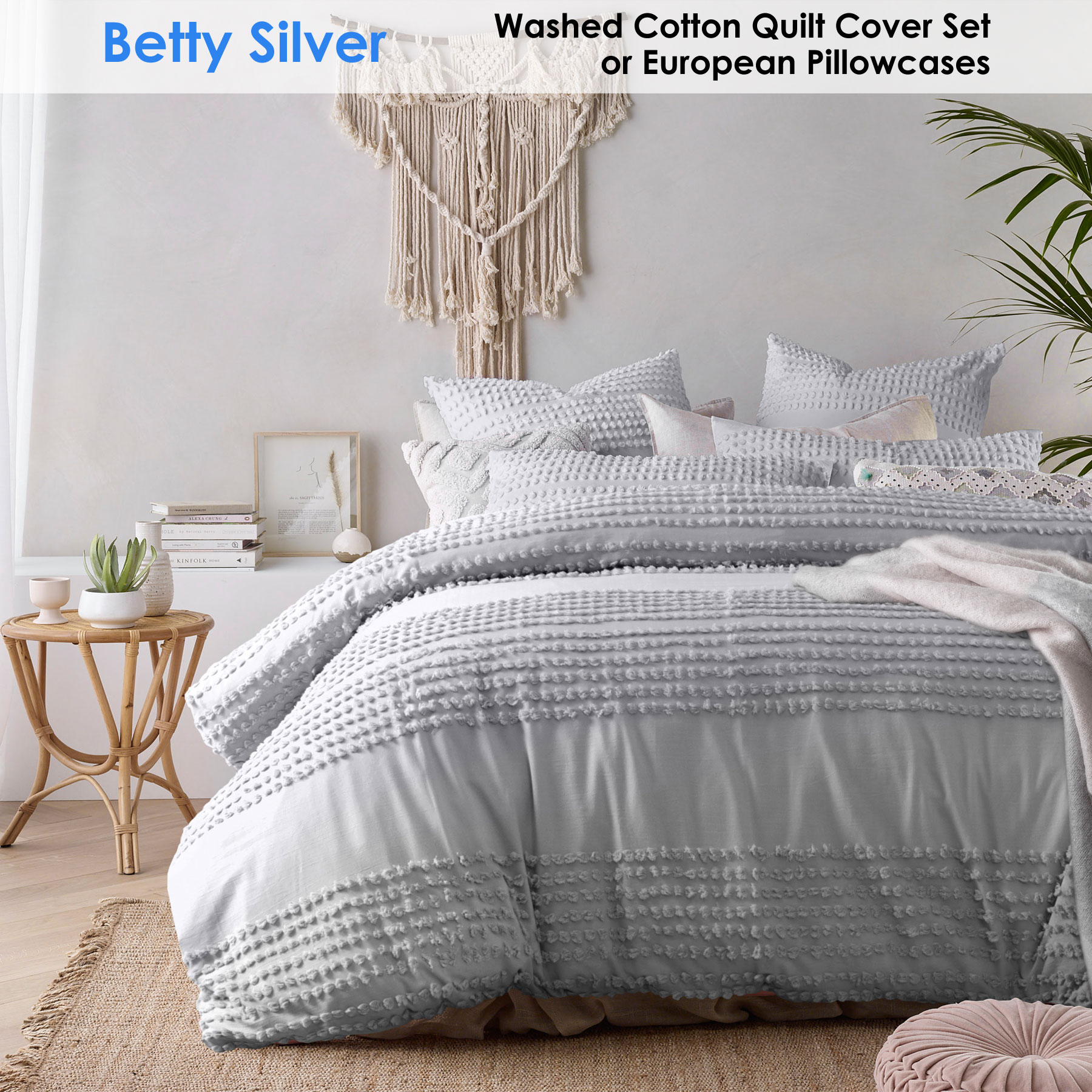 Betty Silver Washed Cotton Quilt Cover Set or European Pillowcases by Vintage Homewares Designs