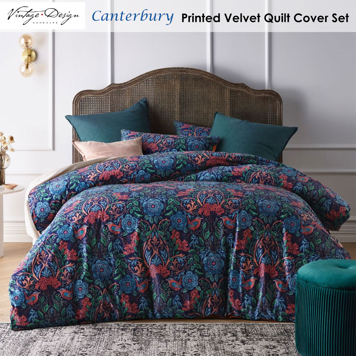 Canterbury Printed Velvet Quilt Cover Set by Vintage Design Homeware